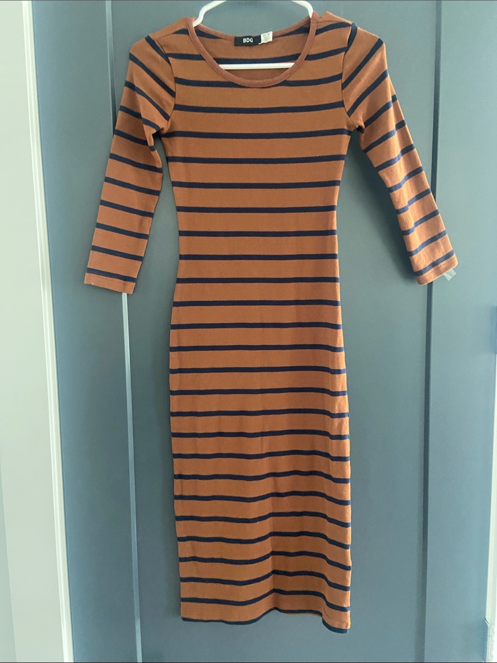 BDG Rust and Blue Striped Long-Sleeve Midi Dress